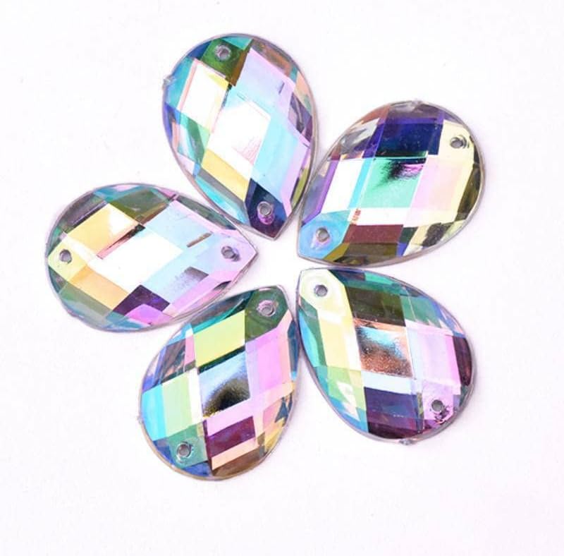 18mm Teardrop AB sew on Sparkly Flat Back Acrylic Rhinestone Large Bead Gem Crystal Clear Drop Pear Big Iridescent Sewing 2 Holes Cabochon Embellishment Clothing Craft Art Jewel Diamond lot (100 Pack)