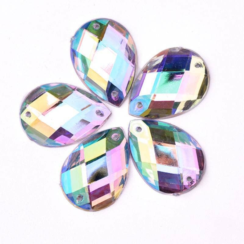 18mm Teardrop AB sew on Sparkly Flat Back Acrylic Rhinestone Large Bead Gem Crystal Clear Drop Pear Big Iridescent Sewing 2 Holes Cabochon Embellishment Clothing Craft Art Jewel Diamond lot (100 Pack)