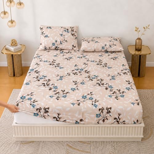 Image of Jaipur Weaves Queen Size Fitted Bedsheet Cotton with Elastic, 100% Pure Cotton Double Bed Fitted Sheet with 2 Pillow Covers,240 TC,60x78 Inches up to 8-inch Mattress,Floral Design (Spring Tulips Pink)