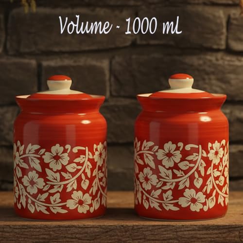 Image of Ceramic Handmade Kitchen Jars in 1000ml (set of 2) | Handpainted Floral Bale 1 kg Achar Martban | Jadi for Kitchen Storage containers (Set of 2) | Jars for Achar, Spices, Salt (Full Red Floral Bale)