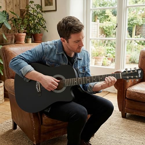Image of Revel 38 Inch Acoustic Guitar Cutaway Wooden Guitar with High-Gloss Finish, Steel Strings, Smooth Tuning Pegs, Includes Carry Bag, Picks & Sting winder Guitar for Adults. (BLACK)