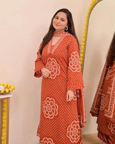 Image of Klosia Women Pure Cotton Kurta Pant Set with Dupatta | Bandhani Print Kurta Sets for Women | Comfortable Suit Sets|Regular Fit