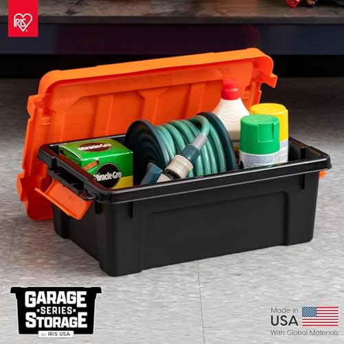 Image of IRIS USA 4 Pack 12 Gallon Lockable Storage Bins, Heavy Duty Stackable Containers with Lids for Garage Organization or Moving, Black /Orange