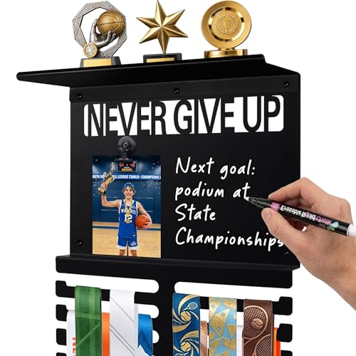 Image of Running Medal Hanger Display with Trophy Shelf, Never Give Up Race Medal Display with Photo or Race Bib Holder, Writable Goal Area, Wall Mounted, Black