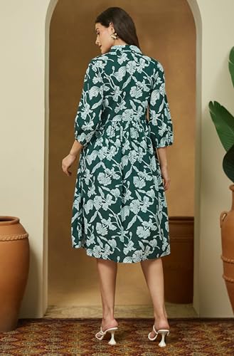Image of Janasya Women's Green Pure Cotton Floral Printed Fit & Flare Dress