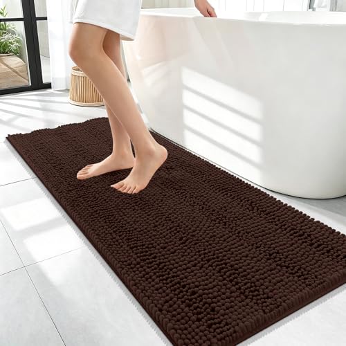 Image of OLANLY Thick Bathroom Runner Rugs 47x17, Extra Absorbent Chenille Striped Bath Rugs, Rubber Backing, Machine Wash Dry, Long Bath Mats for Bathroom Floor, Tub and Shower, Home Decor Accessories, Brown