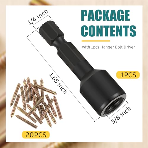 Image of Hicarer 20 Pack 3 /8-16 x 3 Inch Hanger Bolts Double Headed Bolts with Driver Self Tapping Screw Threaded Rod Screws for Furniture Double Headed for Wood Furniture Joint