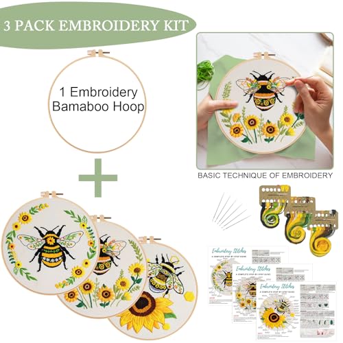 Image of Nuberlic 3 Pack Embroidery Kit for Beginner Adults, Cross Stitch Set with Cute Bee Patterns, Includes Cloth, Hoops, Threads, Needles, Instructions