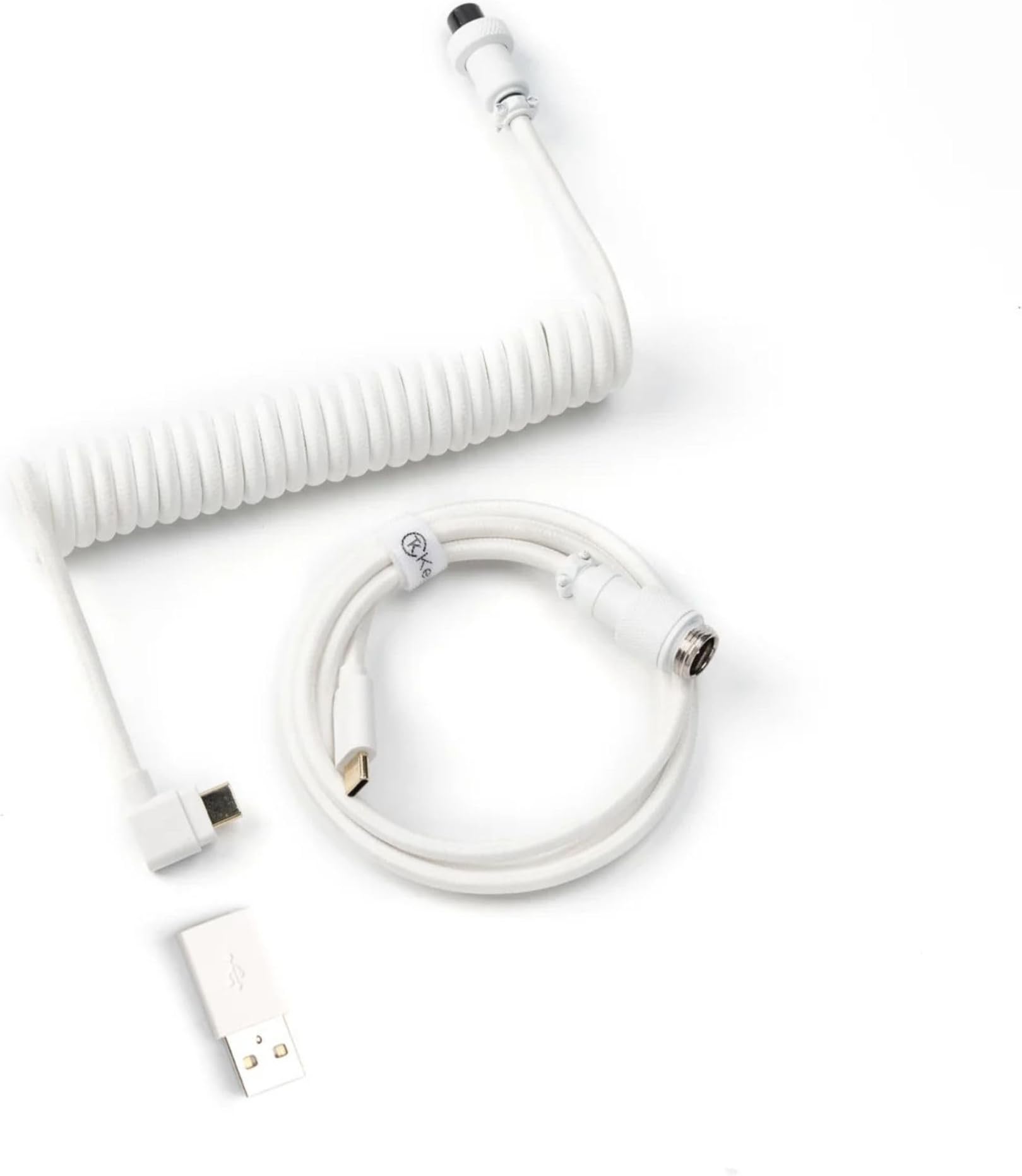 White Coiled USB-C Angled Aviator Cable for K Series (Pro/Max/HE), 5-Pin GX12 Detachable Metal Connector, USB-A Adapter, Durable Braided Cable for Mechanical Keyboards, Charging & Data Sync
