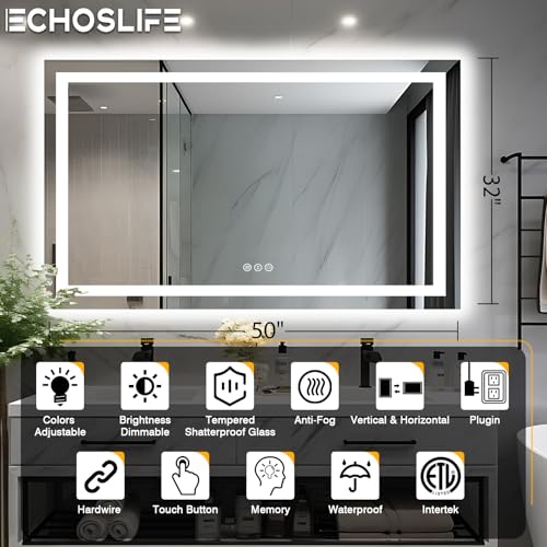 50"x32" LED Lit Bathroom Mirror, Front and Backlit LED Mirror, Anti-Fog Bathroom Mirror with Lights, 3 Colors Stepless Dimmable Mirror, Touch Sense (Horizontal/Vertical)