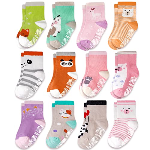 Image of Evercute Non Slip Kids Socks With Grips 12 Pack Toddler Boys Girls Anti Skid Crew Socks 1-9 Years