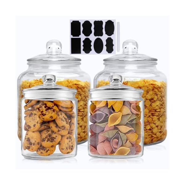Glass Kitchen Jars,Salzesfalls Food & Cookie Storage Containers,Glass Canisters with Airtight Lid for Pantry - Flour, Coffee, Cookies, Pasta, Candy （Set of 4）