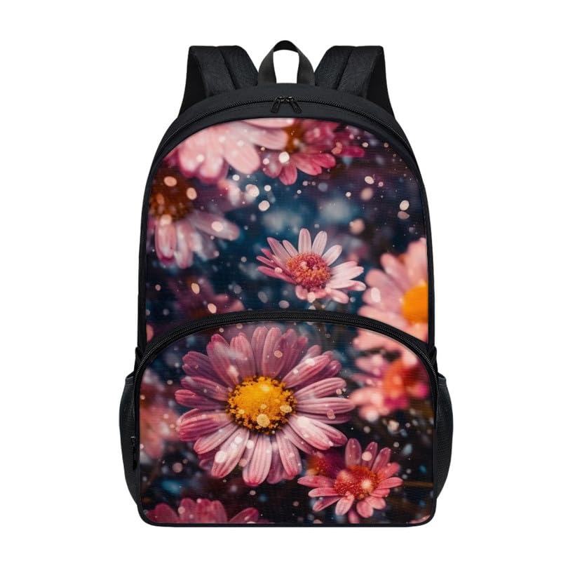 17in Daisy Polka Dot Backpack Lightweight Pink Aesthetic Gerbera Flowers Bookbags Travel Picnic School Bag for Children Aged 6-18 for Elementary High School Kids