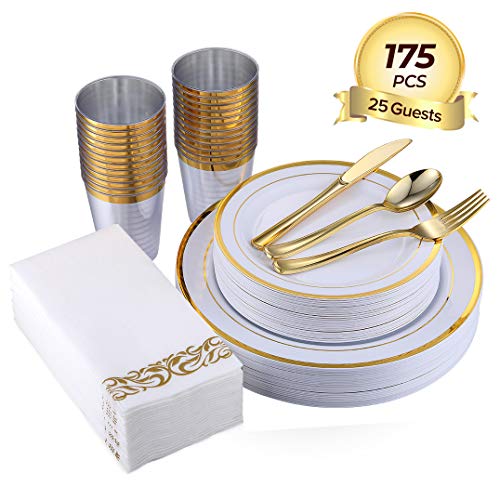 FOCUS LINE 175PCS Disposable Dinnerware Set for Party or Wedding-Gold Rim Plastic Plates
