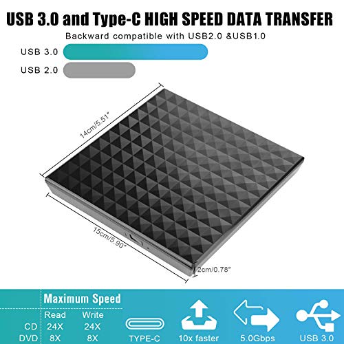 image for LeeKooLuu External DVD Drive USB 3.0 Type-C CD DVD +/-RW Optical Drive