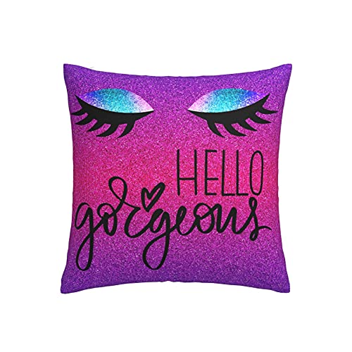 Hello Gorgeous Decorative Throw Pillow Covers, Purple Pink Eyelash Makeup Ultra Soft Cozy Cushion Cover for Women Girls, Durable Plush Pillowcase Pillow Protector for Sofa, Bed, Office Chair, Car
