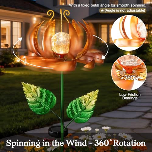 Image of Solar Yard Lights Wind Spinners- Metal Lotus Flower Garden Decor LED Crackle Glass Globe Yard Art Sculpture Solar Stake Lights for Patio Pathway Lawn Walkway (Yellow-Large)