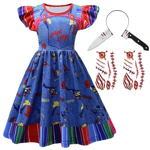 Girls Princess Flying Sleeve Dress Kids Halloween Role Play Classic Killer Horror Movie Costumes with Sticker Blue
