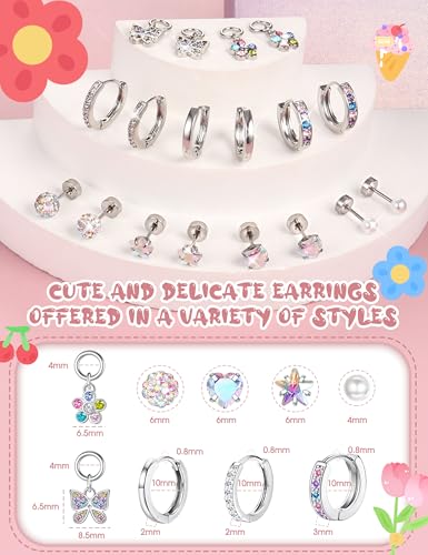 Florideco Hypoallergenic Earrings for Girls Women Surgical Stainless Steel Screw Back Stud Earrings for Girls Sensitive Ears Hoop Earrings Set Kids Earrings Toddler Earring Over 4 Years Old4