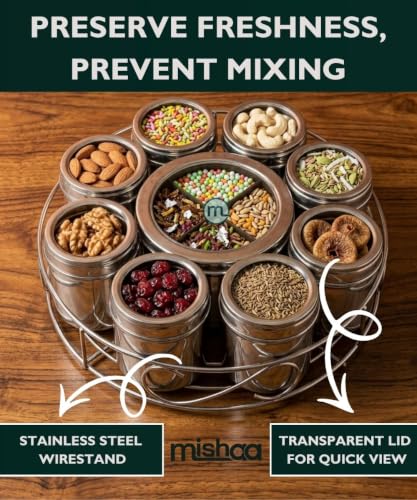 Image of Mishaa Steel Multipurpose Storage Containers - Perfect Organizer for Masala Spices, Herbs, Mouth Freshner, Dry Fruits, 130ml Each Airtight Containers with See-Through Lid (12IN1 WIRESTAND)