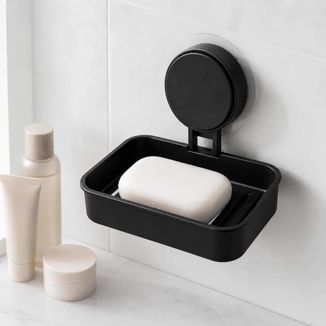 Soap Dish for Bathroom Wall Mounted No Drill, Black Plastic Suction Soap Holder with Drain Tray, Waterproof Soap Stand for Bathroom, Shower, Wash Basin & Kitchen [Pack of 1 Black ]-image-13