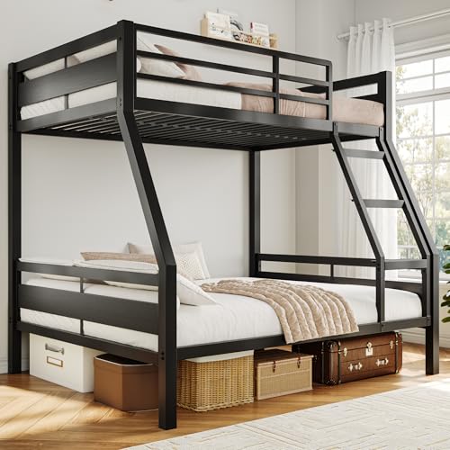 Image of iPormis Metal Bunk Bed Twin Over Full, Heavy Duty Bunk with High Guardrail and Safety Entrance Design, Under-Bed Storage Space, Easy Assembly, Noise Free, Black