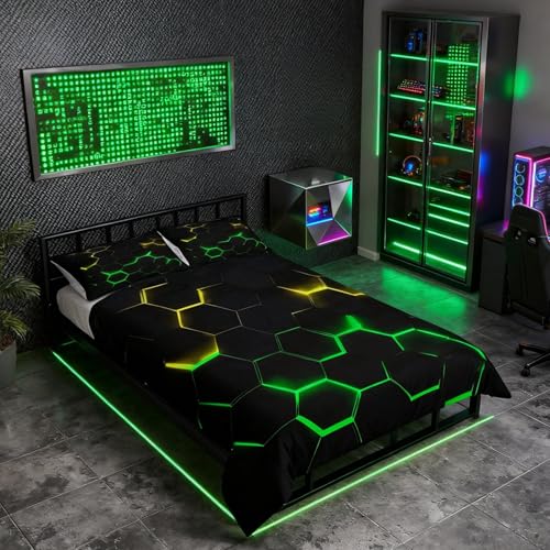 Castle Fairy Honeycomb Bedding Duvet Cover Full Size Hexagon Bed Cover for Kids Teen Boys Girls Bedroom Decor Yellow Neon Lights Bed Cover Chic Creative Bedding Cover 3Pcs with 2 Pillowcase, Black