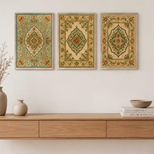 Image of Livin'luxe Set of 3 Vintage Persian Pattern Wall Paintings for Living Room Bedroom Hallway Home Decor with Premium Wooden Color Synthetic Frame (13.5 x 19.5 Inch) NM03-69