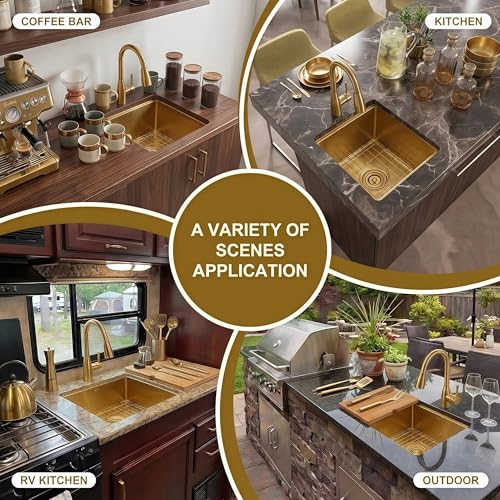 Image of LQS Gold Undermount Bar Sink, Gold Wet Bar Sink and Deep Kitchen Sink 15 inch x 17 inch RV Sink, 16 Gauge Stainless Steel Kitchen Sink with Brushed Finish For RV, Laundry, Outdoor and Prep Use, 10 inch Depth