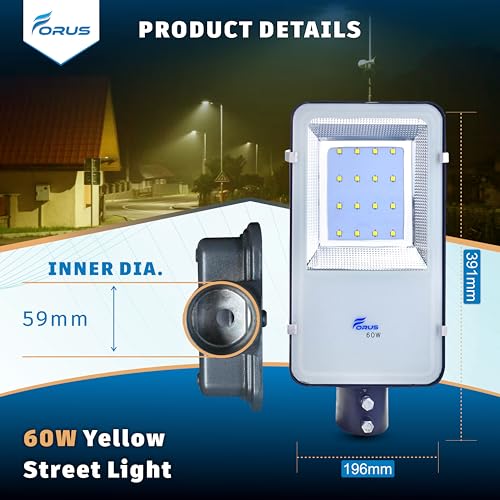 Image of Forus LED Street Light 60W Waterproof IP66 Outdoor Yellow Light, 5 Years Warranty, Street Lamp for Home, Garden, Parking, Road, Pathway, Highway, Warehouse, Factory, Yard, Driveway, Pole Mounted, 1Pc