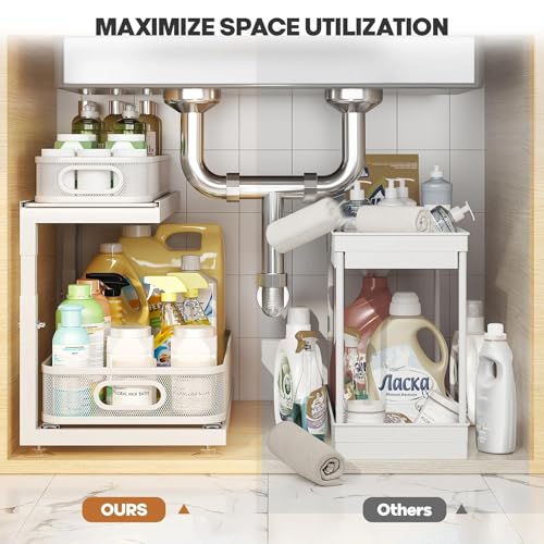 Image of 2-Pack 18.5 IN Depth Under Sink Organizer With Next-Gen Ball-Bearing Slides,Sophisticated Mesh 2-Tier Pull Out Shelf for Kitchen & Bathroom,Fits Small Items-White(Patented)