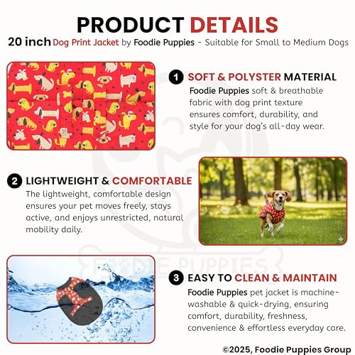 Image of Foodie Puppies Dog Winter Jacket - (Dog Printed, 20 Inch) for Small to Medium Dogs | Ultra Warm Waterproof & Windproof Coat | Adjustable Velcro Closure, Washable Vest for Cold Weather