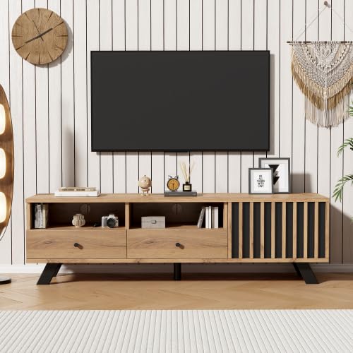 Merax TV Schrank, Lowboard für 60 Zoll Fernseher, Wohnzimmer Möbel aus Spanplatte mit Holzmaserung und Schwarz, 2 Schubladen, 1 Schrank, Kabelmanagement, für kleine Wohnungen