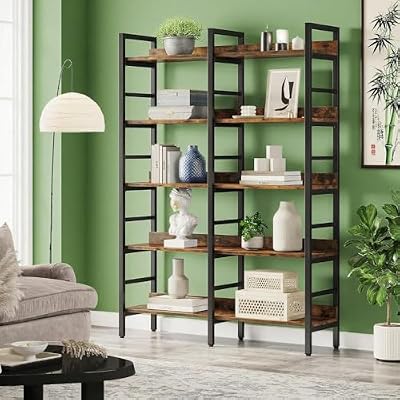 LOVEZOE 5 Tier Bookshelf, Wide Bookcase for Home Office Living Room, Industrial Retro Design with Metal Frame and Particle Board, 47” W x 11.8” D x 70.9” H