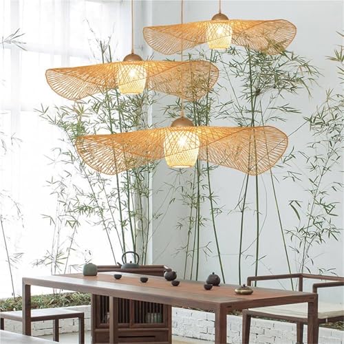 UHKOIXDFGQA 25.6IN Bamboo Pendant Light Coastal Wicker Chandelier Farmhouse Hand-Woven Rattan Hanging Lamp for Bedroom Dining Room Kitchen Island - Image 3