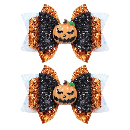 Halloween Pumpkin Hair Bow Clips Girls Cute Glitter Hair Clips 3 Layers Sparkly Hair Accessories for Halloween Party White & Orange & Black