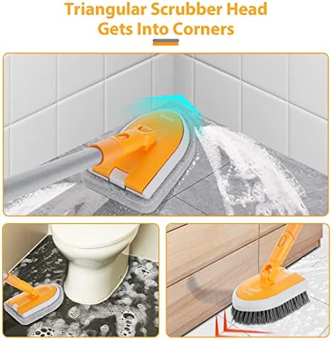 Cleaning Brush with Scrubber Refill Tub and Tile Scrubber Brush with Long Handle 42'' Extendable Long Pole 2 in 1 Scrub Brush for Cleaning Bathroom Bath Bathtub Toilet Floor