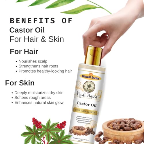Image of Khadi Nyoli Natural Cold Pressed Castor Oil for Hair & Skin 100ML | Pure Cold-Pressed Hair Growth Oil | Helps Reduce Hair Fall, Strengthens Hair, Nourishes Scalp, Supports Eyelash & Eyebrow Growth | Deep Hydration & Skin Care for Men & Women