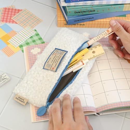 Image of Monolike Unmatched Friends Bbogeuli Pencil Case, Ivory - Slim Fuzzy Fleece Pen Pouch for Daily Use with Stain-Resistant Lining
