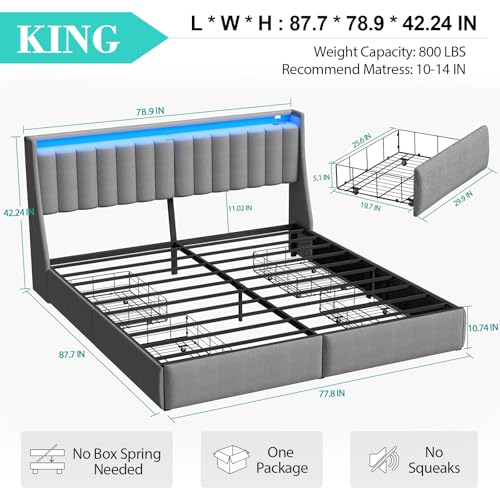 Image of King Size Upholstered Bed Frame with 4 Storage Drawers and LED Lights | Metal Platform Bed with Storage Headboard and Charging Station, No Box Spring Needed, Easy Assembly, Noise-Free, Gray