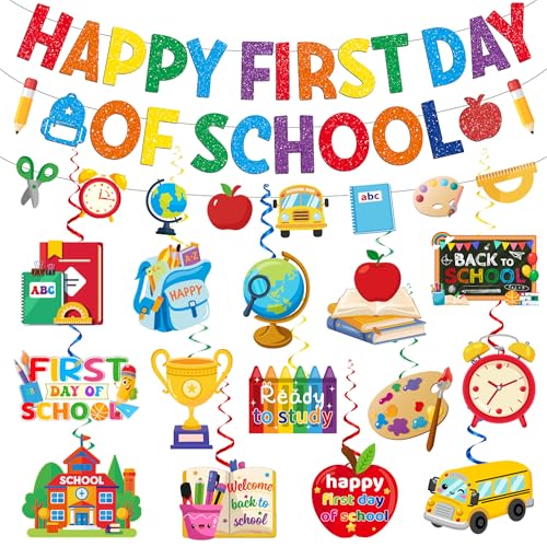 First Day of School Decorations Pre-strung Glitter Happy First Day of School Banner Back to School Decorations Garland Hanging Swirls for Home Classroom Office Party Supplies