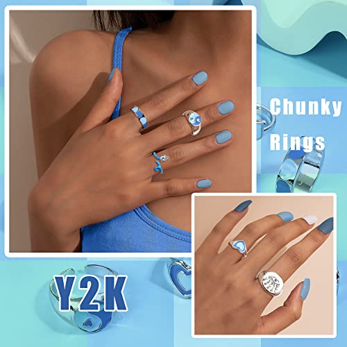 Subiceto 9 Pcs Chunky Y2K Rings For Women Colorful Resin Acrylic Rings Funky Evil Eyes Butterfly Heart Flower Yin Yang Rings,Aesthetic Statement Knuckle Rings Set For Women Blue #TOP1