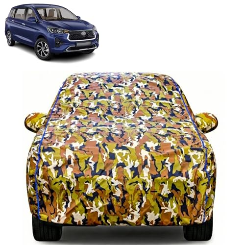 Image of Waterproof Car Body Cover for Toyota Rumion with Mirror Pocket| Cotton Inner Lining | Triple Stitched | All Weather Protection | Dust, UV & Rain Proof (Camouflage with Blue Piping)