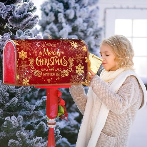Image of Merry Christmas Red Mailbox Cover Magnetic 25.5 inch X 21 inch Snowflake Mailbox Covers Christmas Decor