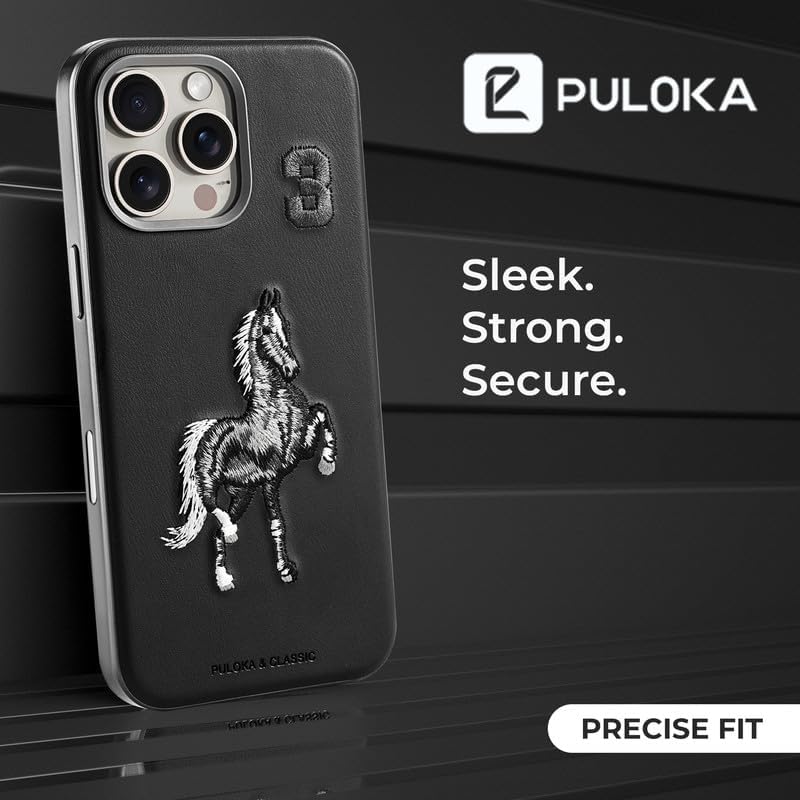 Image of PULOKA - Mobile Cover Compatible for iPhone 16 Pro - Horse Embroidery - Sleek & Stylish - Protective & Anti Scratch Phone Cover Vegan Leather Back Case - Men & Women - Santa Barbara Polo (Black)