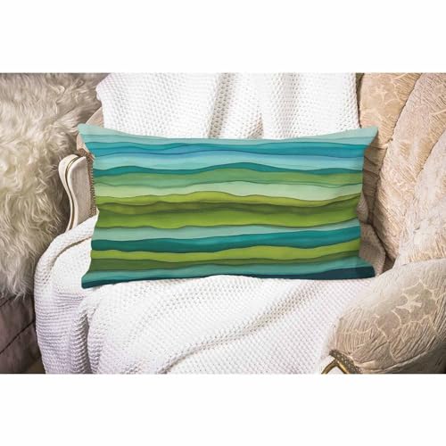 Image of Smooffly Watercolor Throw Pillow Cover,Stripped Waves Blue and Green Paint Brush Gradient Marine Sea Splash Cotton Linen Throw Pillow case Cushion Cover for Sofa Home Decorative Oblong 12x20 Inches