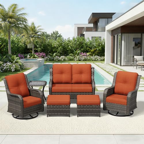 Image of Joyside 6 Piece Wicker Patio Furniture Set, Outdoor Swivel Rocker Patio Chairs with High Back, Deep Seating, Wide Armrest, Thickened Cushions, Outdoor Furniture for Deck, Porch Use