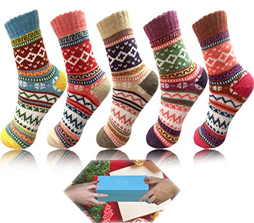 Women Winter Socks 5 Pairs Womans Socks Gift Box Vintage Warm Soft Thick Knit Wool Multicolor Socks Free Size Socks Gifts (Multi Color 1)