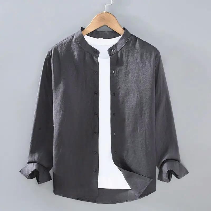 Primavera Estate Uomo Lino Maniche Lunghe Collo Alzato Allentato Versatile Camicia Alla Moda