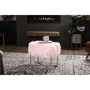 Birdrock home rectangular faux fur vanity stool ottoman wwhite metal legs small fluffy makeup seat cute foot rest for bedroom desk or dressing table compact chair for girls dorm room pink  urban country home decor